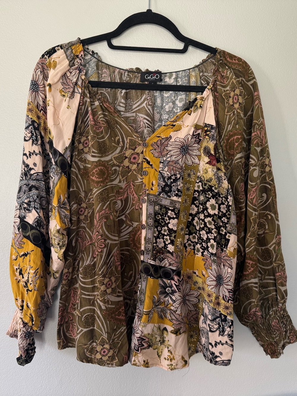 GiGio USA Boho Patchwork Floral Paisley Peasant Blouse Top Small TA2479